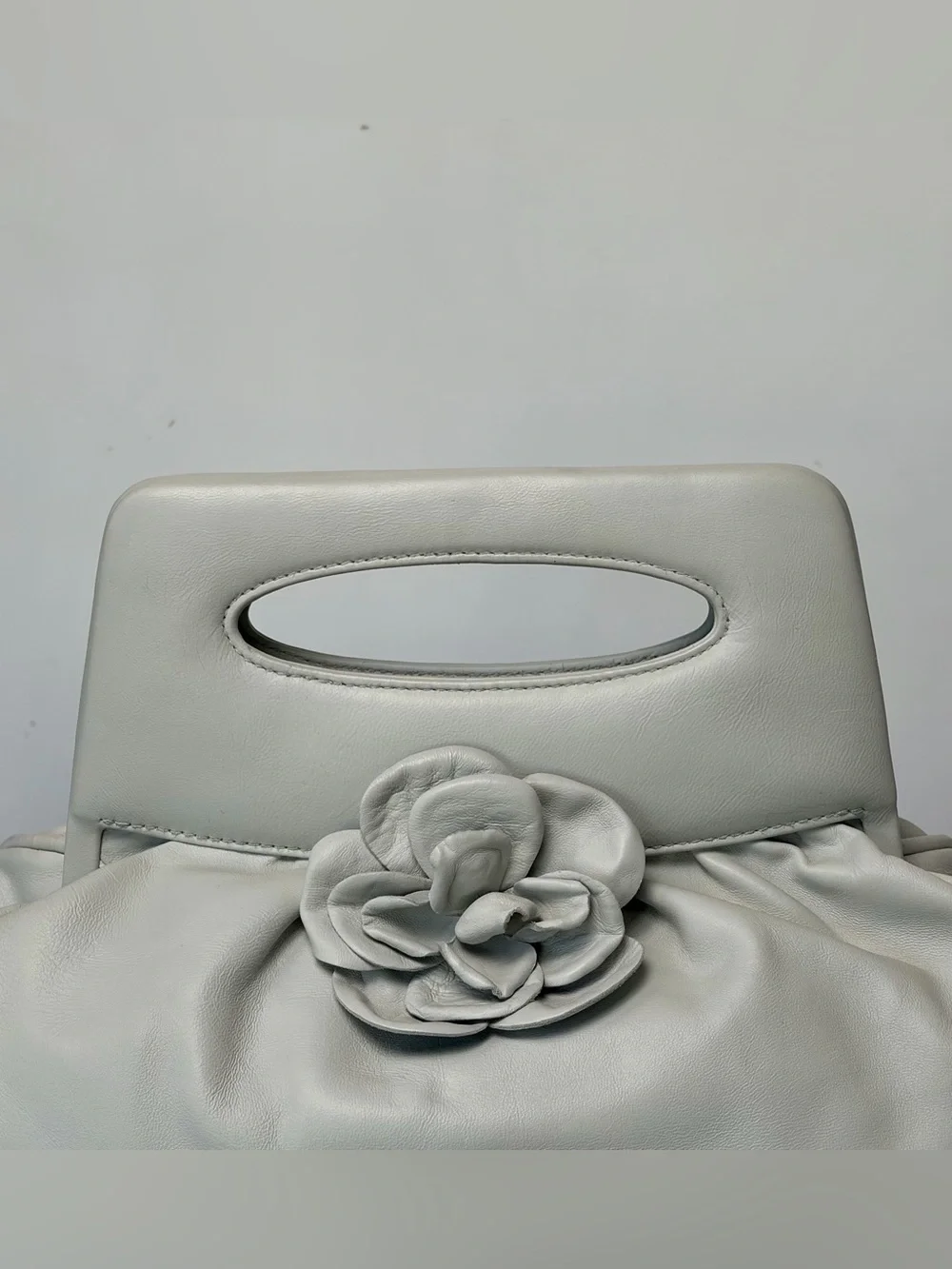 CHANEL lambskin top handle clutch, ivory-grey, leather Camelia accent,11x12, EUC